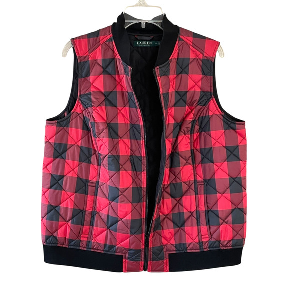 LAUREN RALPH LAUREN Women's Size 1X Red Black Buffalo Check Plaid Front Zip Vest - Picture 3 of 7